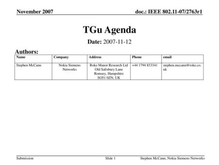 TGu Agenda Date: Authors: November 2007 November 2007