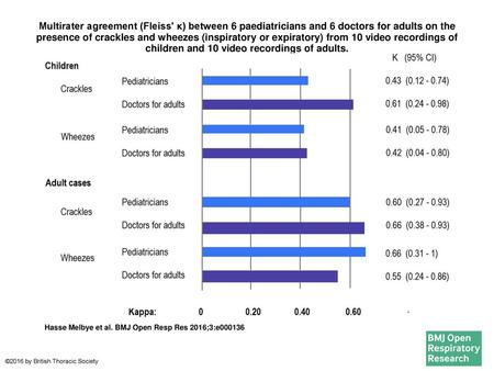 Multirater agreement (Fleiss' κ) between 6 paediatricians and 6 doctors for adults on the presence of crackles and wheezes (inspiratory or expiratory)