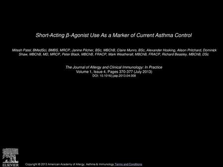 Short-Acting β-Agonist Use As a Marker of Current Asthma Control