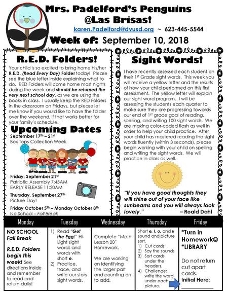 Mrs. Padelford’s Penguins @Las Brisas! ~ Week of:  September 10, 2018