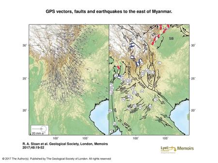 GPS vectors, faults and earthquakes to the east of Myanmar.