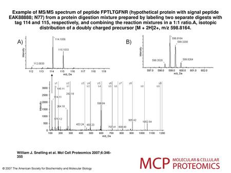 Example of MS/MS spectrum of peptide FPTLTGFNR (hypothetical protein with signal peptide EAK88888; N77) from a protein digestion mixture prepared by labeling.