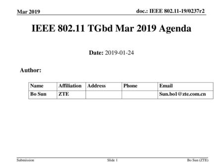 IEEE TGbd Mar 2019 Agenda Date: Author: Mar 2019