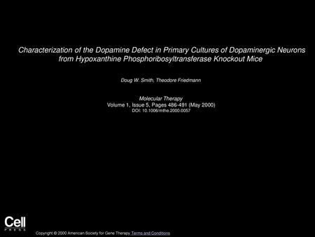 Characterization of the Dopamine Defect in Primary Cultures of Dopaminergic Neurons from Hypoxanthine Phosphoribosyltransferase Knockout Mice  Doug W.