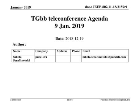 TGbb teleconference Agenda 9 Jan. 2019