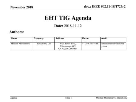 EHT TIG Agenda Date: Authors: November 2018 July 2018