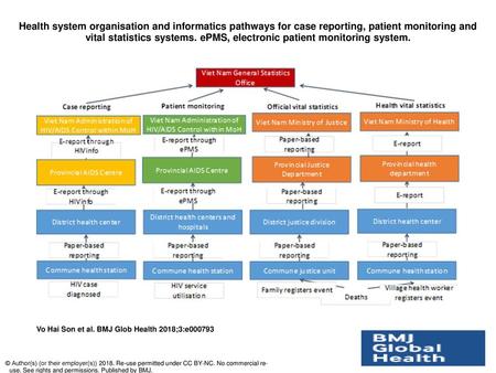 Health system organisation and informatics pathways for case reporting, patient monitoring and vital statistics systems. ePMS, electronic patient monitoring.