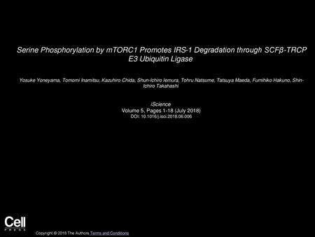 Serine Phosphorylation by mTORC1 Promotes IRS-1 Degradation through SCFβ-TRCP E3 Ubiquitin Ligase  Yosuke Yoneyama, Tomomi Inamitsu, Kazuhiro Chida, Shun-Ichiro.