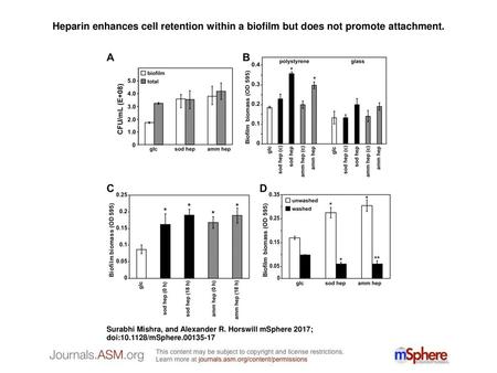 Heparin enhances cell retention within a biofilm but does not promote attachment. Heparin enhances cell retention within a biofilm but does not promote.