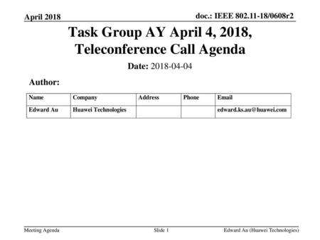 Task Group AY April 4, 2018, Teleconference Call Agenda