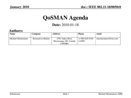 QoSMAN Agenda Date: Authors: January 2010 September 2009