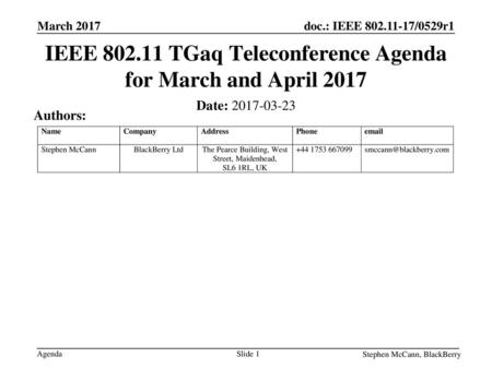 IEEE TGaq Teleconference Agenda for March and April 2017