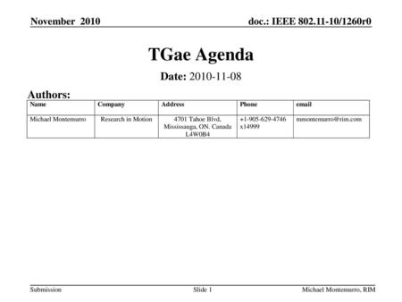 TGae Agenda Date: Authors: November 2010 September 2009