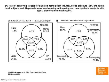 (A) Rate of achieving targets for glycated hemoglobin (HbA1c), blood pressure (BP), and lipids in all subjects and (B) prevalence of nephropathy, retinopathy,