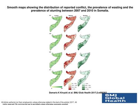 Smooth maps showing the distribution of reported conflict, the prevalence of wasting and the prevalence of stunting between 2007 and 2010 in Somalia. Smooth.