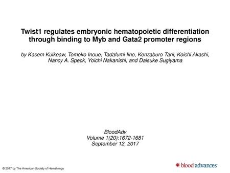 Twist1 regulates embryonic hematopoietic differentiation through binding to Myb and Gata2 promoter regions by Kasem Kulkeaw, Tomoko Inoue, Tadafumi Iino,