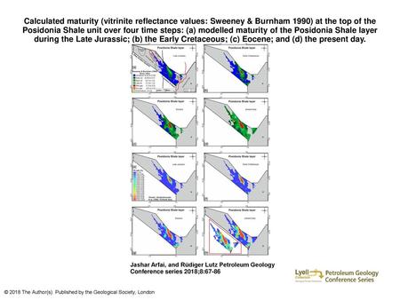 Calculated maturity (vitrinite reflectance values: Sweeney & Burnham 1990) at the top of the Posidonia Shale unit over four time steps: (a) modelled maturity.