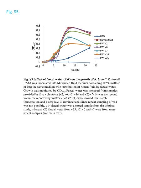 Fig. S5. Fig. S5. Effect of faecal water (FW) on the growth of R. bromii. R. bromii L2-63 was inoculated into M2 rumen fluid medium containing 0.2% maltose.