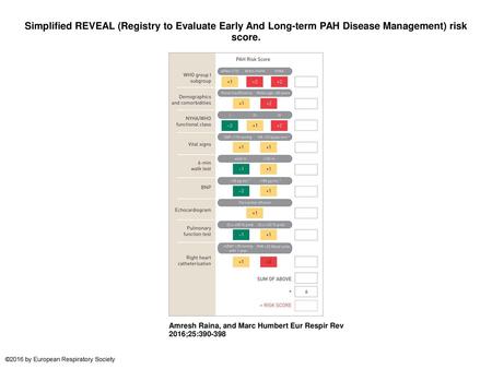 Simplified REVEAL (Registry to Evaluate Early And Long-term PAH Disease Management) risk score. Simplified REVEAL (Registry to Evaluate Early And Long-term.