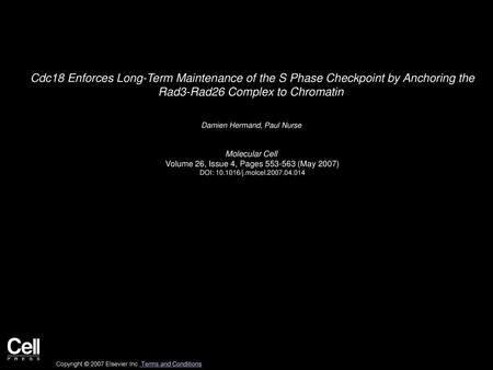 Cdc18 Enforces Long-Term Maintenance of the S Phase Checkpoint by Anchoring the Rad3-Rad26 Complex to Chromatin  Damien Hermand, Paul Nurse  Molecular.