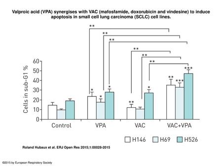 Valproic acid (VPA) synergises with VAC (mafosfamide, doxorubicin and vindesine) to induce apoptosis in small cell lung carcinoma (SCLC) cell lines. Valproic.