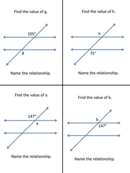 Find the value of g. Find the value of h. 105° h g 75°