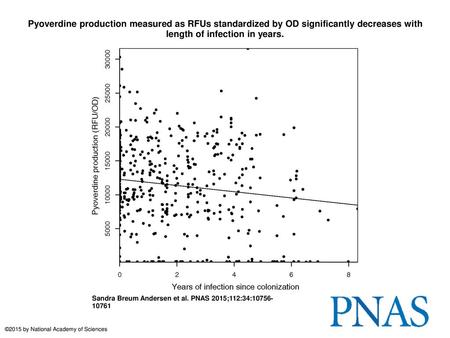 Pyoverdine production measured as RFUs standardized by OD significantly decreases with length of infection in years. Pyoverdine production measured as.