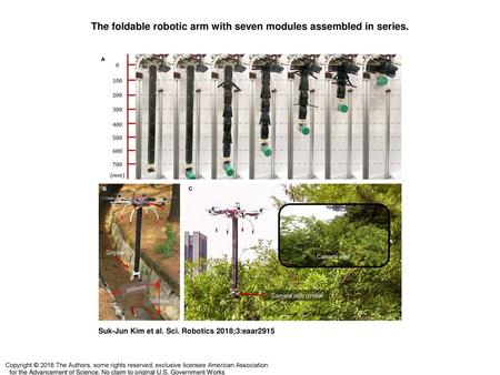 The foldable robotic arm with seven modules assembled in series.