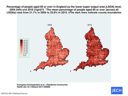 Percentage of people aged 60 or over in England as the lower super output area (LSOA) level, 2004 (left) and 2015 (right)*†. *The mean percentage of people.