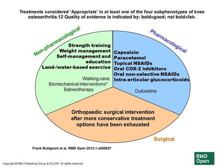 Treatments considered ‘Appropriate’ in at least one of the four subphenotypes of knee osteoarthritis.12 Quality of evidence is indicated by: bold=good;