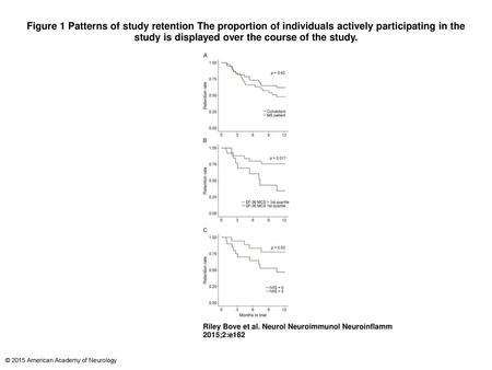 Figure 1 Patterns of study retention The proportion of individuals actively participating in the study is displayed over the course of the study. Patterns.