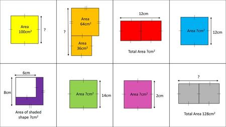 12cm Area 64cm2 Area 100cm2 ? ? Area ?cm2 12cm Area 36cm2