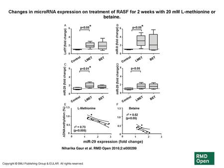 Changes in microRNA expression on treatment of RASF for 2 weeks with 20 mM L-methionine or betaine. Changes in microRNA expression on treatment of RASF.