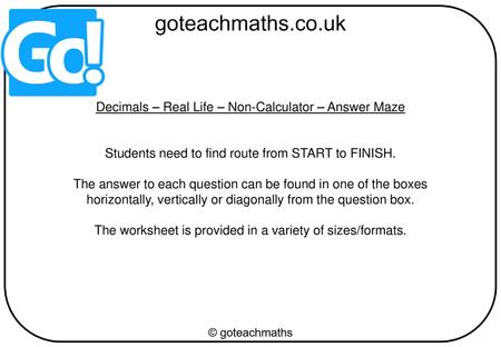 Decimals – Real Life – Non-Calculator – Answer Maze