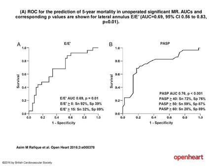 (A) ROC for the prediction of 5-year mortality in unoperated significant MR. AUCs and corresponding p values are shown for lateral annulus E/E′ (AUC=0.69,