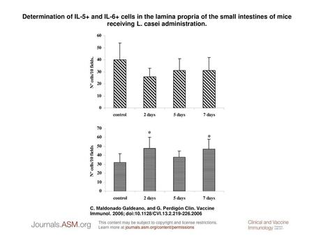 Determination of IL-5+ and IL-6+ cells in the lamina propria of the small intestines of mice receiving L. casei administration. Determination of IL-5+