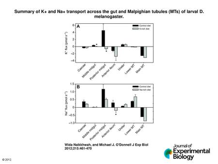 Summary of K+ and Na+ transport across the gut and Malpighian tubules (MTs) of larval D. melanogaster. Summary of K+ and Na+ transport across the gut and.