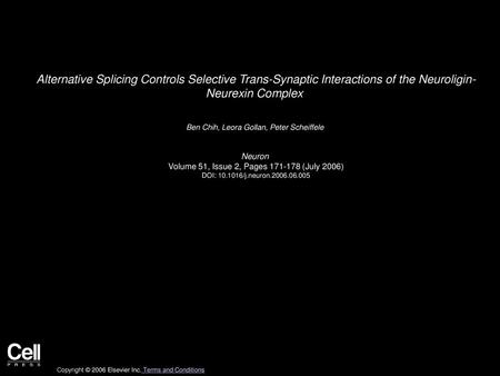 Alternative Splicing Controls Selective Trans-Synaptic Interactions of the Neuroligin- Neurexin Complex  Ben Chih, Leora Gollan, Peter Scheiffele  Neuron 