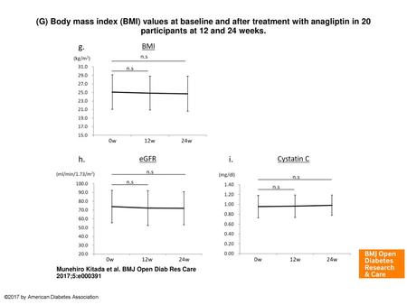 (G) Body mass index (BMI) values at baseline and after treatment with anagliptin in 20 participants at 12 and 24 weeks. (G) Body mass index (BMI) values.