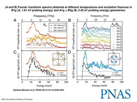 (A and B) Fourier transform spectra obtained at different temperatures and excitation fluences in B1g (A, 1.91 eV probing energy) and A1g + B2g (B, 2.45.