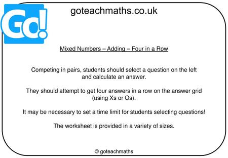 Mixed Numbers – Adding – Four in a Row