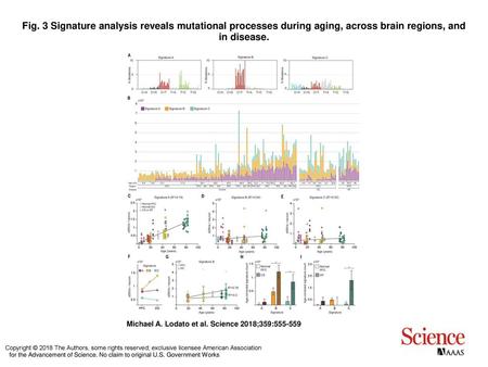 Fig. 3 Signature analysis reveals mutational processes during aging, across brain regions, and in disease. Signature analysis reveals mutational processes.