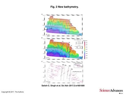 Fig. 2 New bathymetry. New bathymetry. (A) Uninterpreted bathymetry. Black lines represent seismic profiles acquired. The white line shows the position.