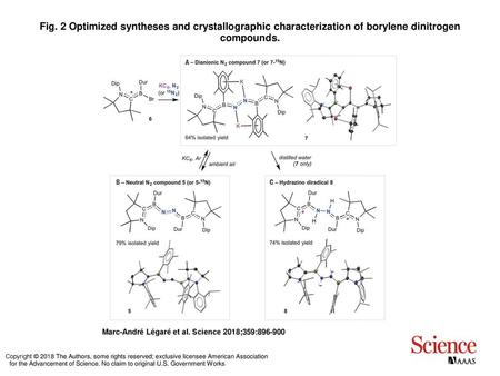 Fig. 2 Optimized syntheses and crystallographic characterization of borylene dinitrogen compounds. Optimized syntheses and crystallographic characterization.