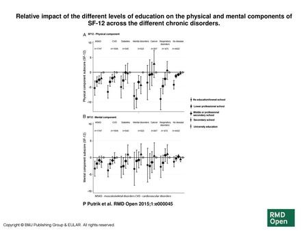 Relative impact of the different levels of education on the physical and mental components of SF-12 across the different chronic disorders. Relative impact.