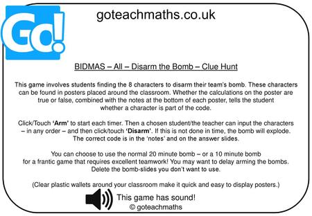 BIDMAS – All – Disarm the Bomb – Clue Hunt