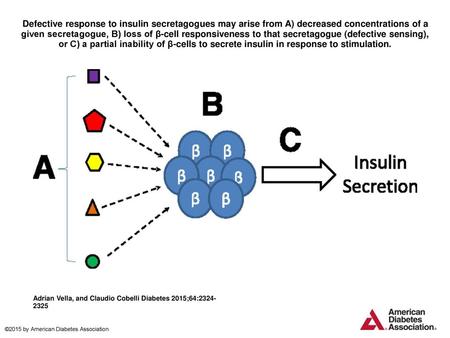 Defective response to insulin secretagogues may arise from A) decreased concentrations of a given secretagogue, B) loss of β-cell responsiveness to that.