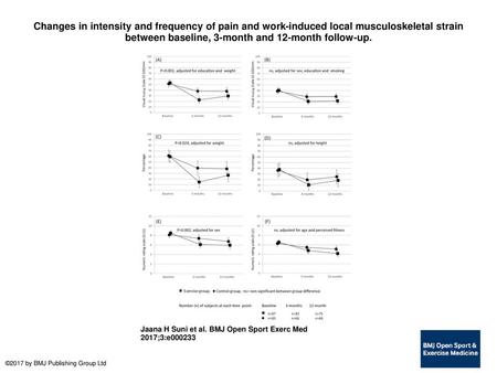 Changes in intensity and frequency of pain and work-induced local musculoskeletal strain between baseline, 3-month and 12-month follow-up. Changes in intensity.