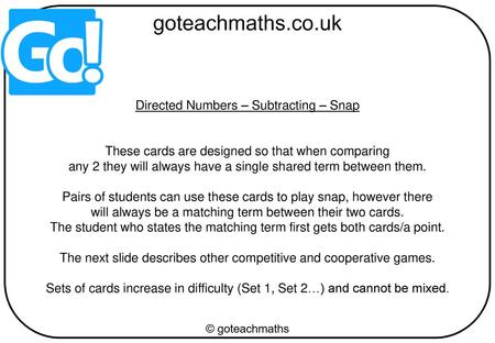 Directed Numbers – Subtracting – Snap