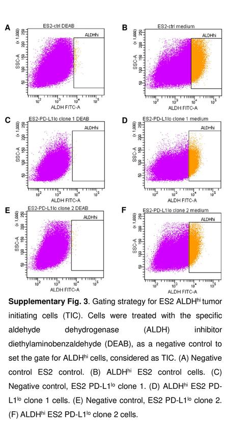 A B C D E F Supplementary Fig. 3. Gating strategy for ES2 ALDHhi tumor initiating cells (TIC). Cells were treated with the specific aldehyde dehydrogenase.